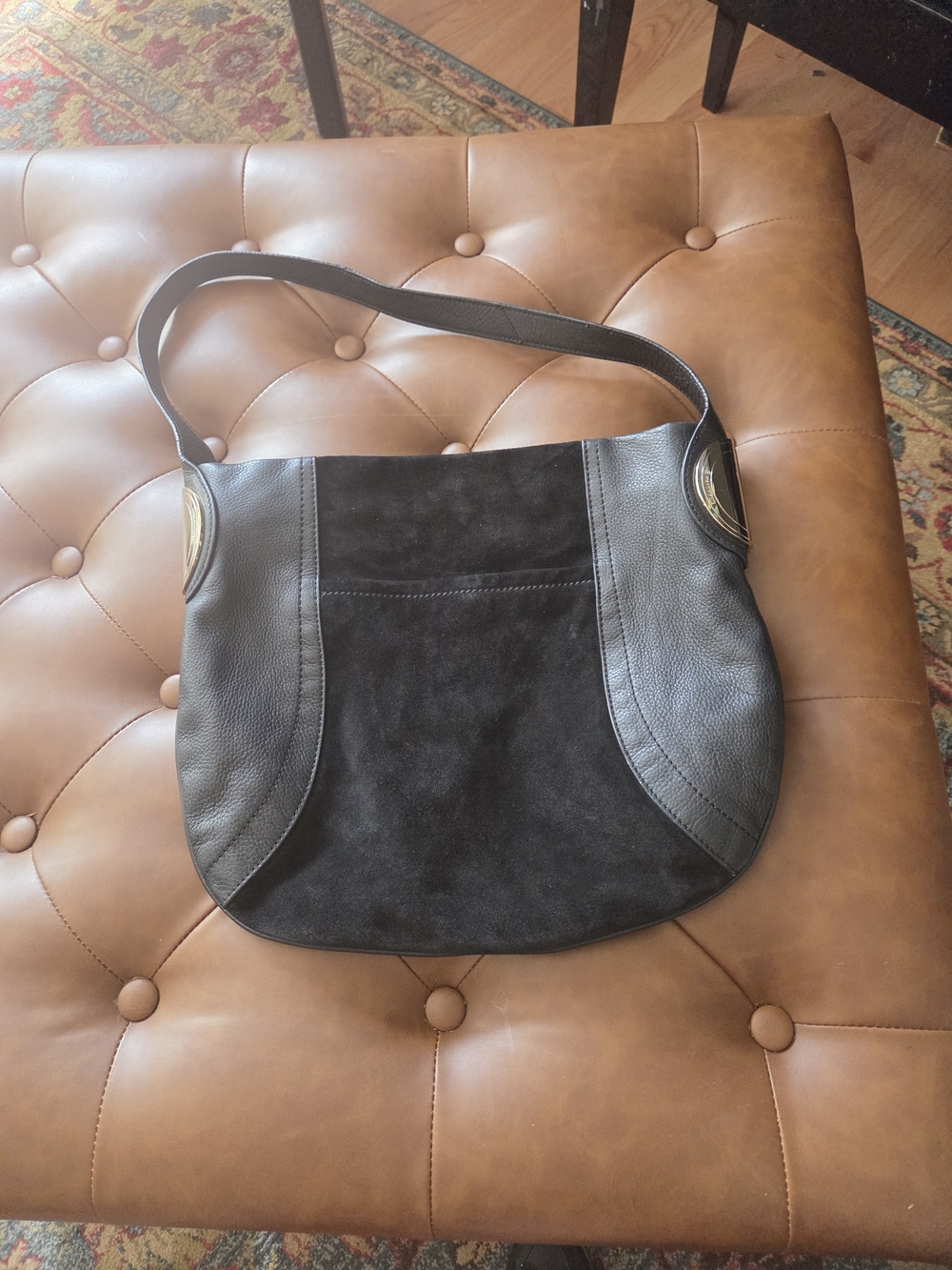 b. makowsky Black Suede & Leather Shoulder Bag with Gold Accents - Picture 3 of 14